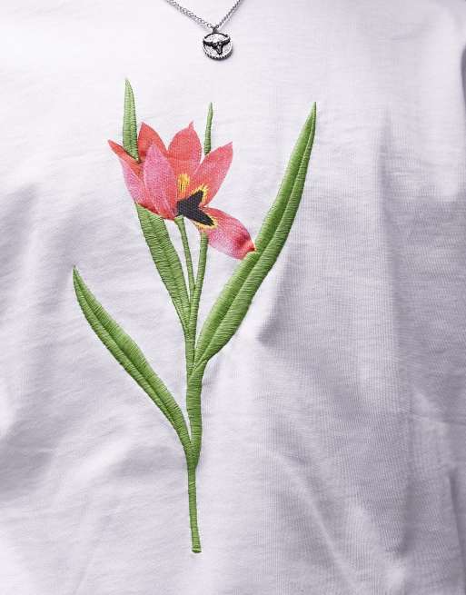 Topman - T-shirt oversize premium bianca con ricamo di tulipano, 2 di 4