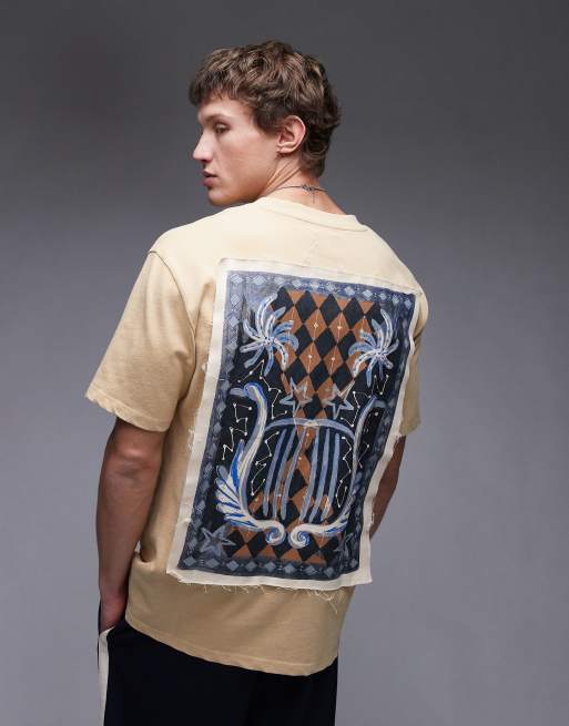 Topman - T-shirt oversize premium color cuoio slavato con ricamo stile arazzo sul davanti e sul retro