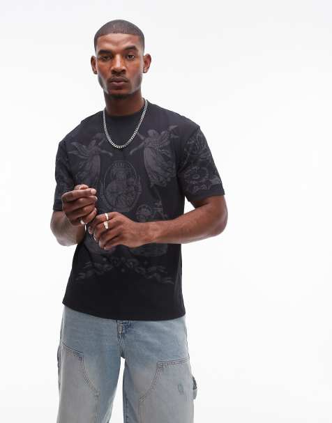 Topman - T-shirt oversize premium nero slavato con stampa di icone religiose sul davanti e sul retro - view 1