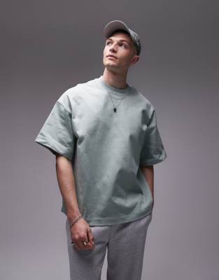 Topman - T-shirt oversize premium pesante 370 gsm con spalle scivolate color salvia