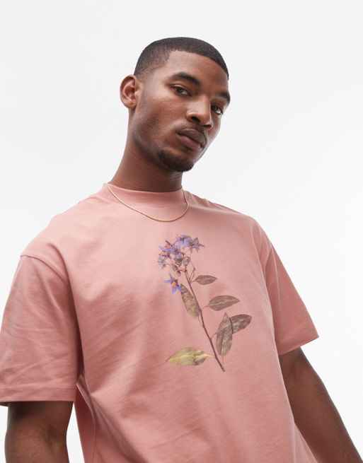 Topman - T-shirt oversize rosa con stampa di fiore pressato su fronte e retro