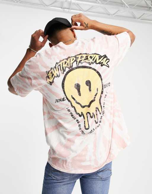 Topman - T-shirt oversize rosa tie-dye con stampa smile festival davanti e dietro