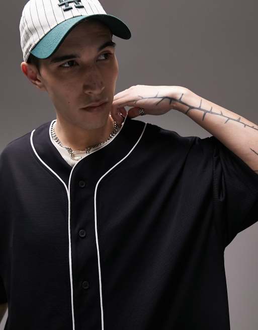 Topman - T-shirt oversize stile baseball in rete nera con profili a contrasto, 2 di 4