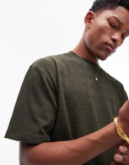 Topman – T-shirt oversize w fakturowany wzór w kratę w kolorze khaki