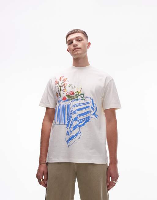 Topman – T-shirt oversize w kolorze ecru z nadrukiem z rysunkiem z zastawionym stołem