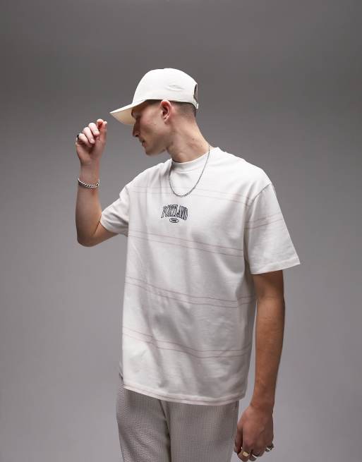 Topman – T-shirt oversize w kolorze ecru z paskami i haftowanym napisem „Portland”
