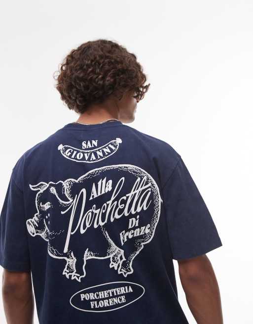 Topman – T-shirt oversize w kolorze spranego granatu z grafiką z przodu i z tyłu