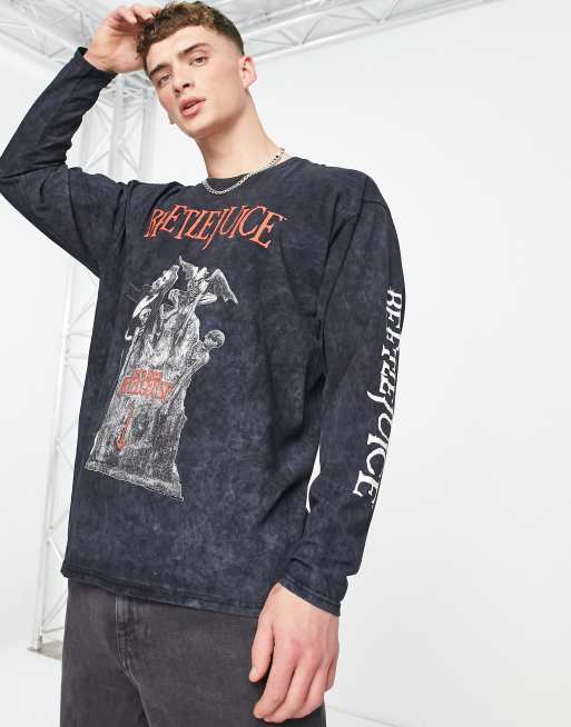 Topman – T-shirt oversize w kolorze spranej czerni z długimi rękawami i nadrukiem „Beetlejuice”