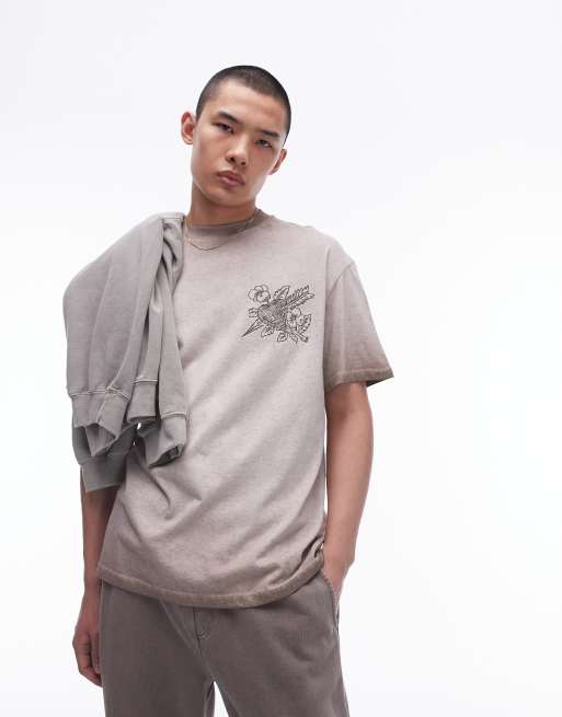 Topman – T-shirt oversize w spranym brązowym kolorze z haftowanym wzorem
