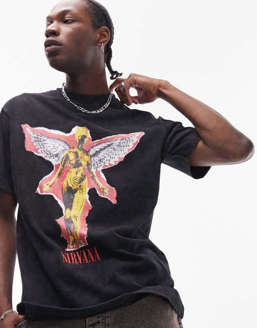 Topman – T-shirt oversize w spranym czarnym kolorze z grafiką Nirvany z aniołem, 4 z 4