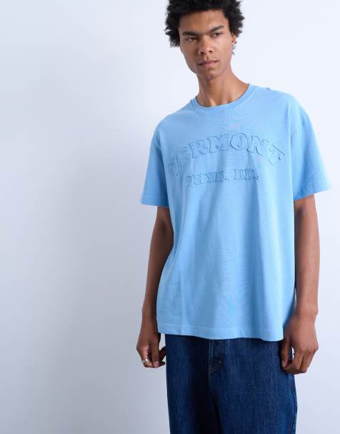 Topman – T-shirt oversize w spranym niebieskim kolorze z haftowanym napisem „Vermont Phys Ed” - view 1