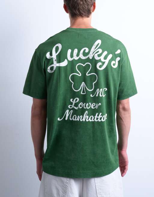 Topman – T-shirt oversize z nadrukiem z motywem Lucky z przodu i z tyłu w kolorze spranej zieleni