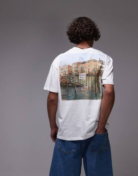 Topman - T-shirt premium comoda bianca con stampa e ricamo di gondole sul davanti e sul retro - view 1