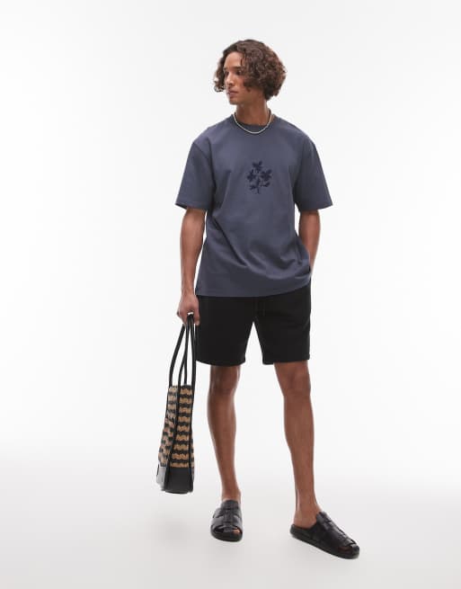 Topman - T-shirt premium comoda blu con ricamo floreale, 2 di 4