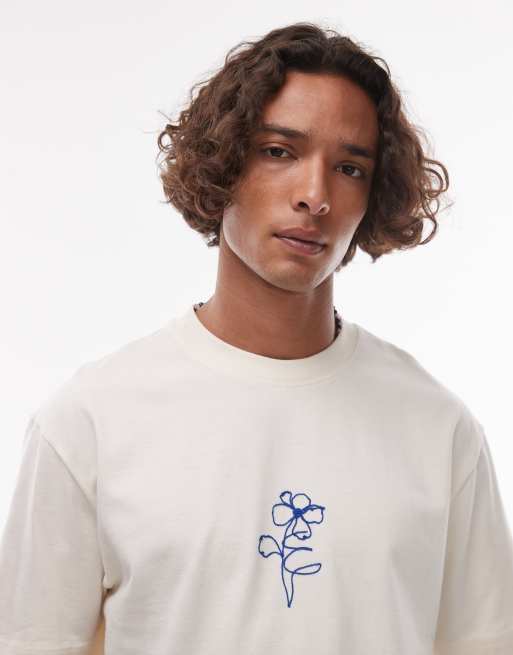 Topman - T-shirt premium comoda écru con fiore stilizzato ricamato, 3 di 4