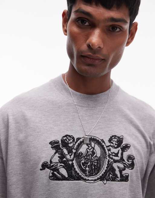 Topman - T-shirt premium extra oversize grigio mélange con ricamo di cherubini e stemma sul petto, 2 di 4