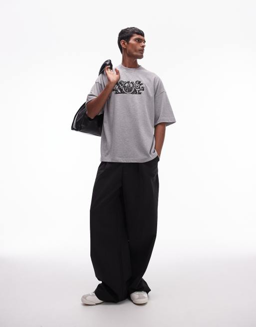 Topman - T-shirt premium extra oversize grigio mélange con ricamo di cherubini e stemma sul petto, 3 di 4