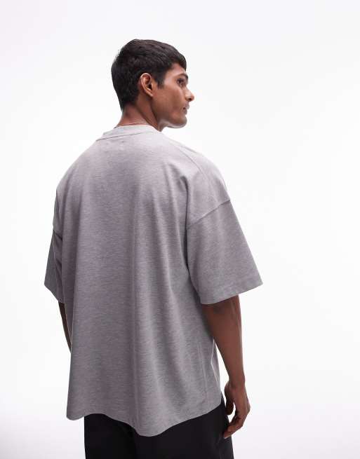 Topman - T-shirt premium extra oversize grigio mélange con ricamo di cherubini e stemma sul petto, 4 di 4