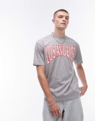 Topman – T-shirt premium oversize grigio mélange con stampa “Los Angeles” | ASOS