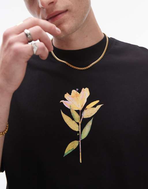 Topman - T-shirt premium oversize nera con stampa di giglio pressato sul davanti e sul retro, 3 di 4