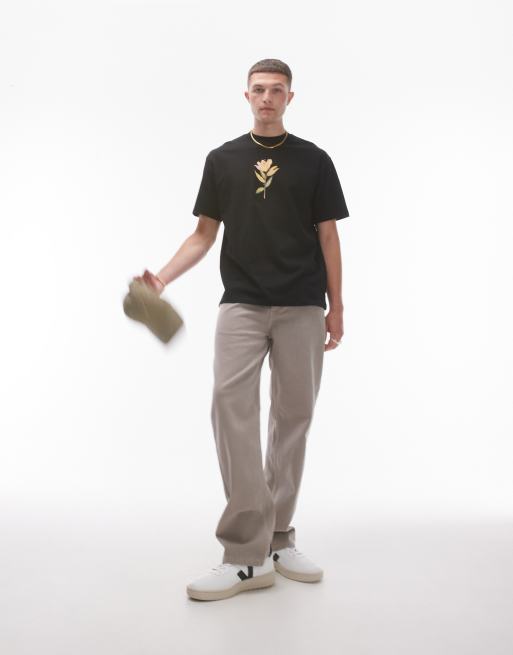 Topman - T-shirt premium oversize nera con stampa di giglio pressato sul davanti e sul retro, 4 di 4