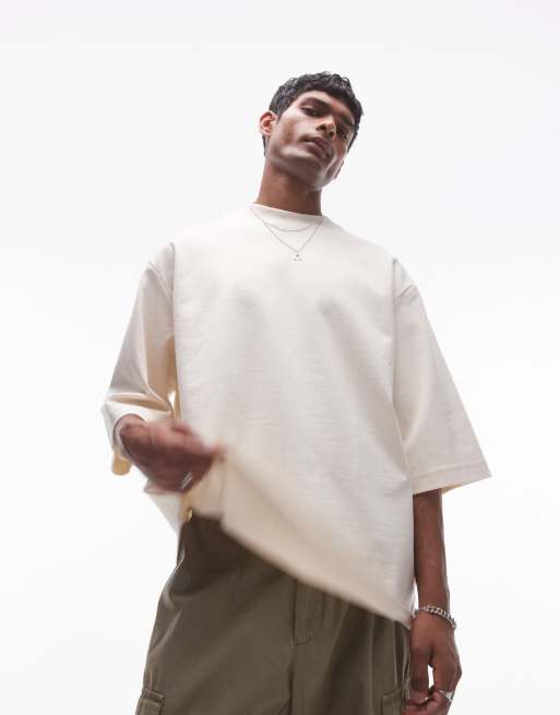 Topman - T-shirt premium pesante comoda da 300gsm con maniche di media lunghezza colore écru