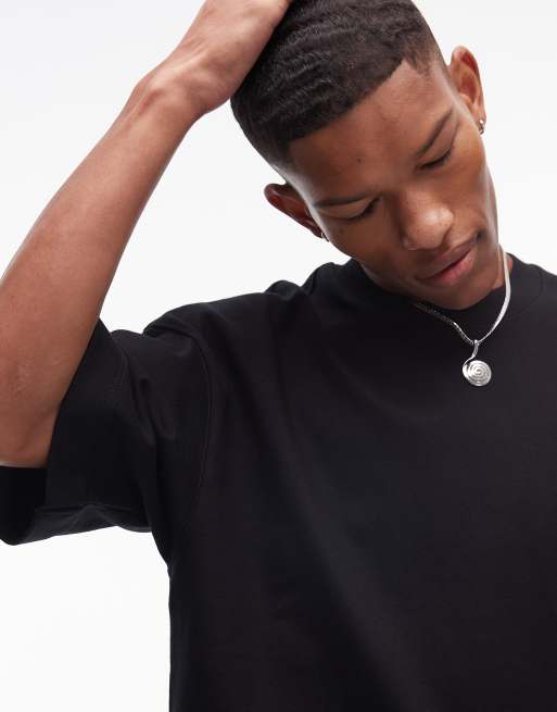 Topman - T-shirt premium pesante comoda da 300gsm con maniche di media lunghezza nera, 3 di 4