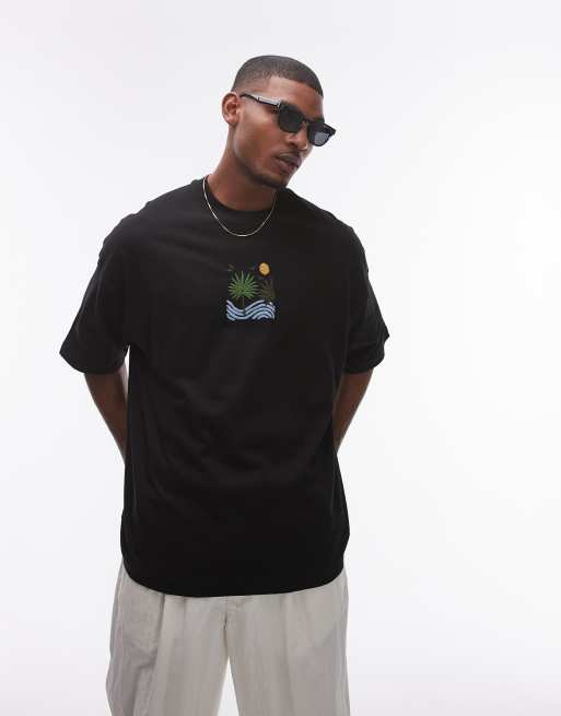 Topman - T-shirt premium super oversize nera con ricamo estivo sul davanti e sul retro
