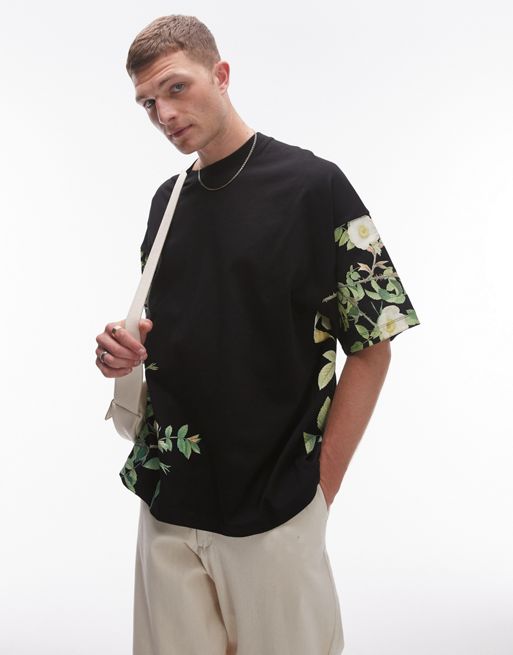 Topman - T-shirt premium super oversize nera con stampa a fiori