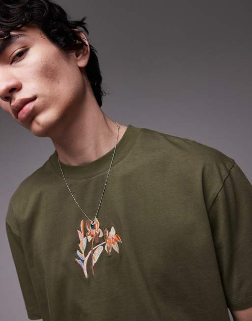 Topman - T-shirt premium verde scuro con ricamo a fiori, 4 di 4
