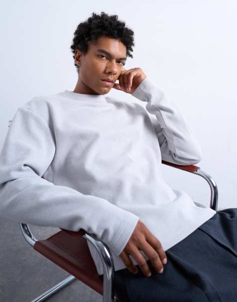 Topman - T-shirt raccourci en tissu épais gaufré à manches longues - Gris - view 1