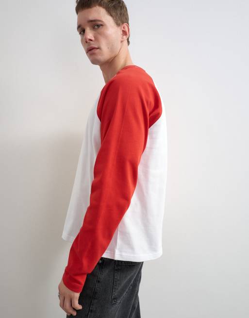 Topman t-shirt raglan corta a maniche lunghe vestibilità comoda in rosso e bianco, 2 di 10