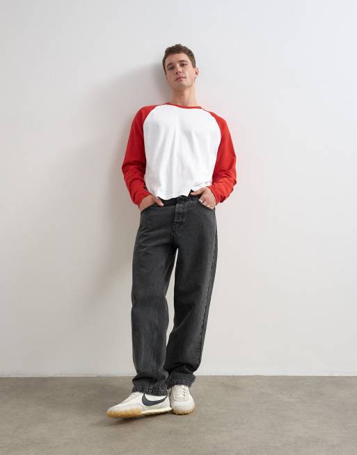 Topman t-shirt raglan corta a maniche lunghe vestibilità comoda in rosso e bianco, 4 di 10