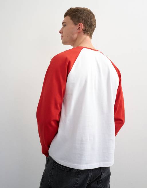 Topman t-shirt raglan corta a maniche lunghe vestibilità comoda in rosso e bianco, 5 di 10