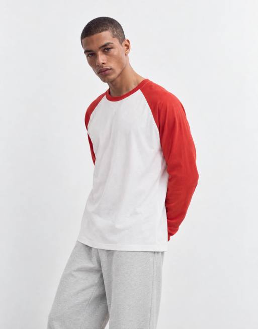 Topman t-shirt raglan corta a maniche lunghe vestibilità comoda in rosso e bianco, 9 di 10