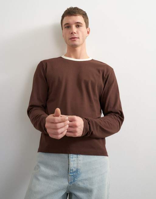 Topman t-shirt ringer corta a maniche lunghe vestibilità classica marrone, 4 di 5