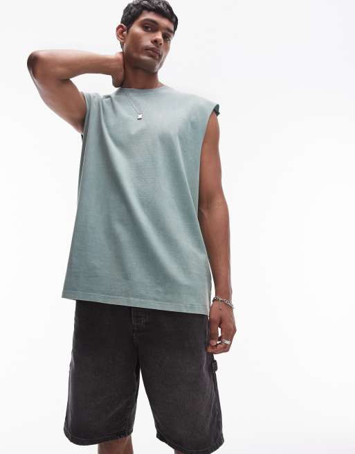 Topman - T-shirt sans manches oversize - Vert délavé