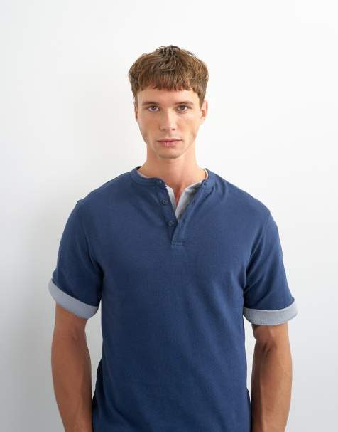 Topman - T-shirt serafino comoda in misto lino blu navy - view 1