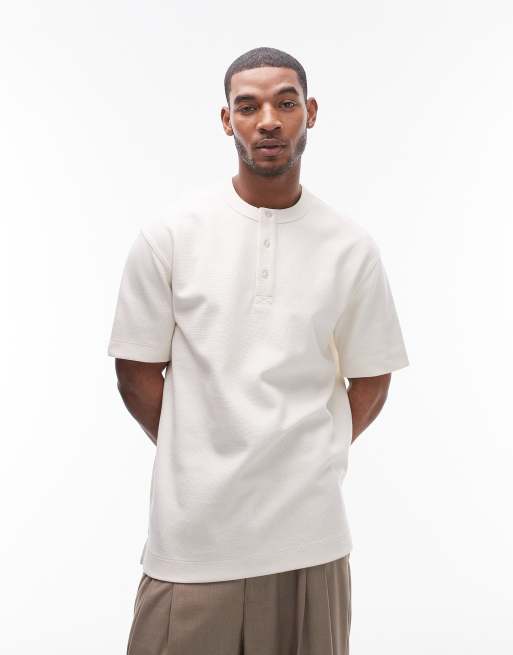 Topman - T-shirt serafino oversize pesante color écru testurizzato