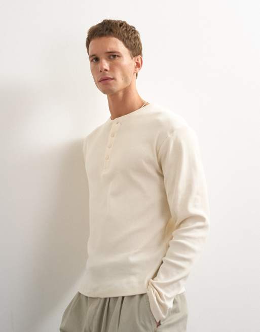 Topman - T-shirt serafino slim a maniche lunghe a coste écru, 5 di 7
