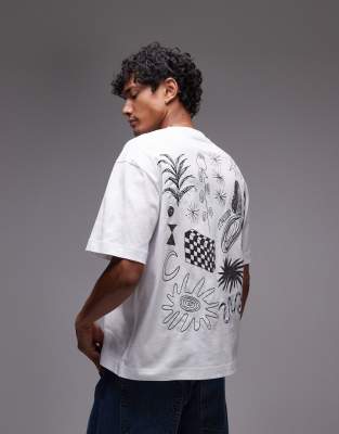 Topman - T-shirt squadrata bianca con stampa di scarabocchi e ricami sul davanti e sul retro - view 1