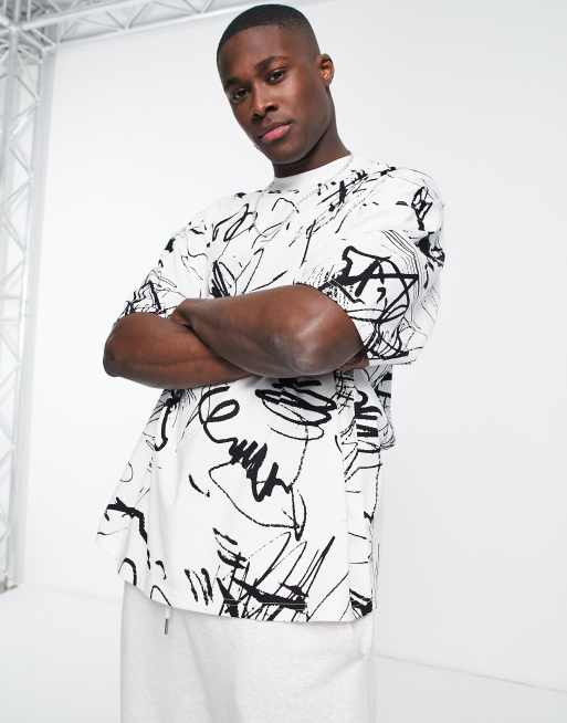Topman - T-shirt super oversize bianca con stampa di scarabocchi 