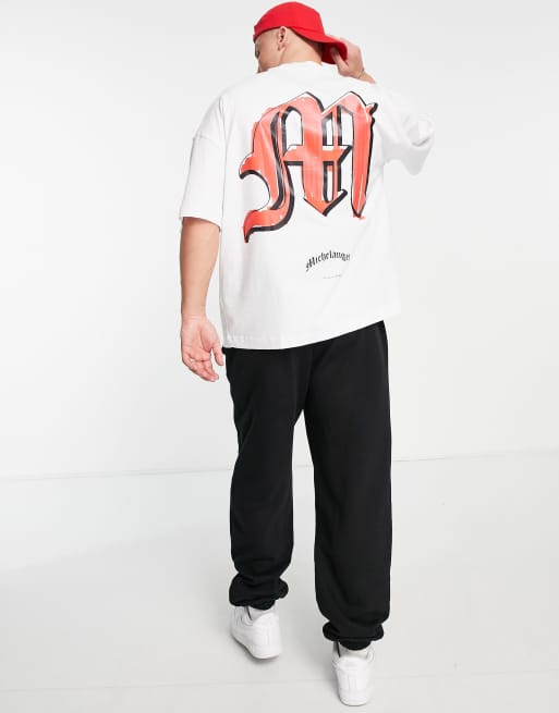 Topman - T-shirt super oversize bianca con stampa "Michelangelo" sul davanti e sul retro, 3 di 4