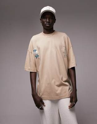 Topman - T-shirt super oversize color pietra con stampa floreale e con città sul davanti e sul retro