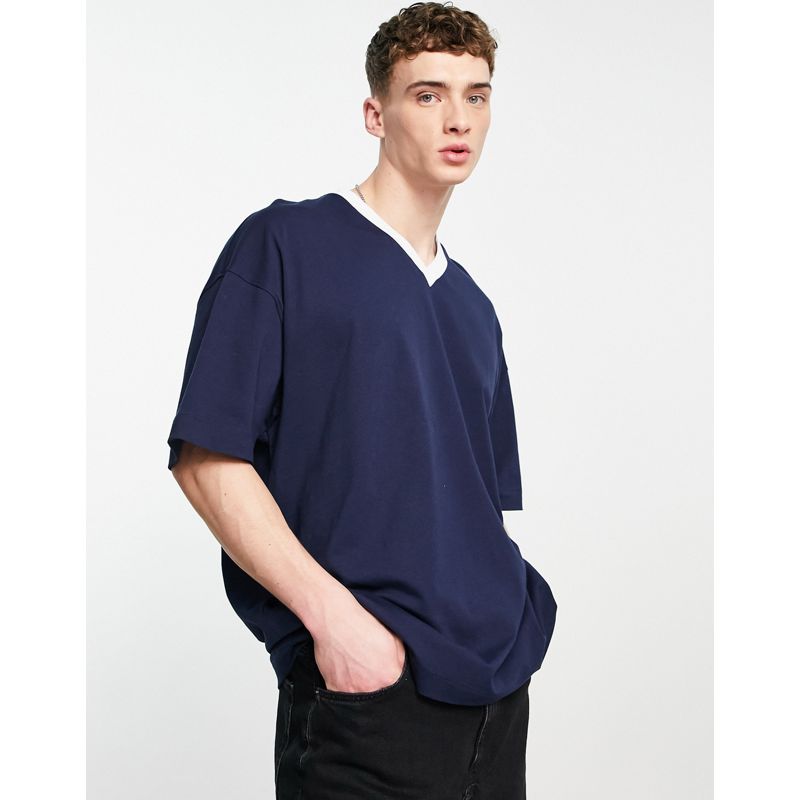 Uomo 7lDVB Topman - T-shirt super oversize con scollo a V a contrasto, colore blu navy 