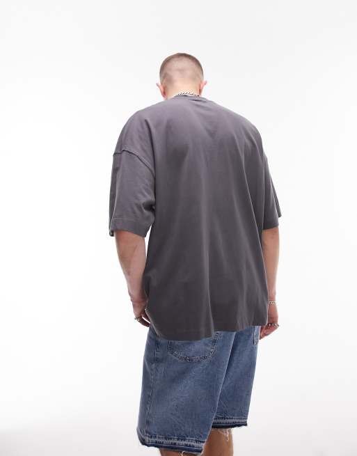 Topman - T-shirt super oversize grigio antracite con ricamo floreale, 3 di 4