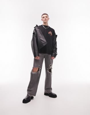 T-shirt super oversize nera con stampa di Bowie e cerchio sul davanti e sul retro-Nero - Topman T-shirt donna  - immagine1