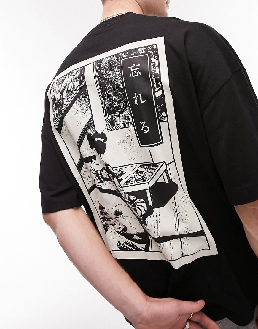 T-shirt super oversize nera con stampa di geisha sul davanti e sul retro-Nero - Topman T-shirt donna  - immagine1