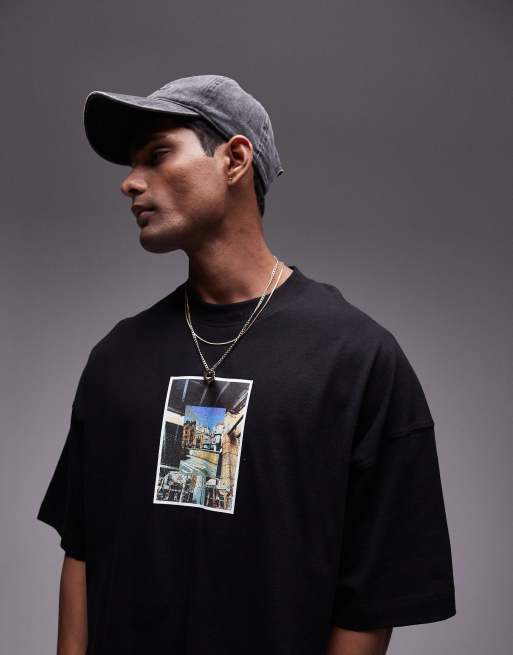 Topman - T-shirt super oversize nera con stampa fotografica di New York