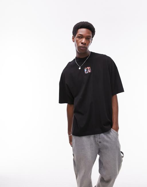 Topman - T-shirt super oversize nera con stampa "Future" stile toppe sul davanti e sul retro, 3 di 4